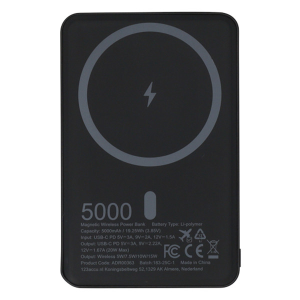 123accu draadloze powerbank ultra slim zwart (20W, 5000 mAh) ADR00363 - 5