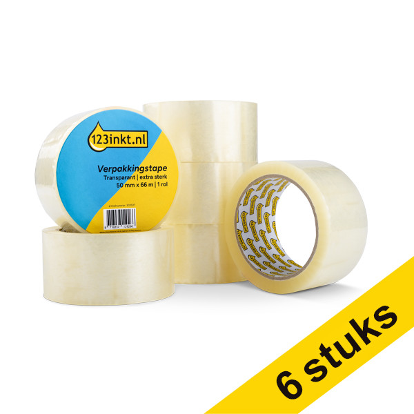 123inkt extra sterke verpakkingstape transparant 50 mm x 66 m (6 rollen) 302886 - 1