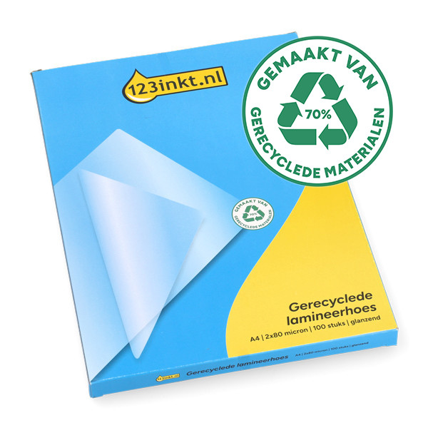 123inkt gerecycleerde document lamineerhoes A4 glanzend 2x80 micron (100 stuks) 303172 - 1
