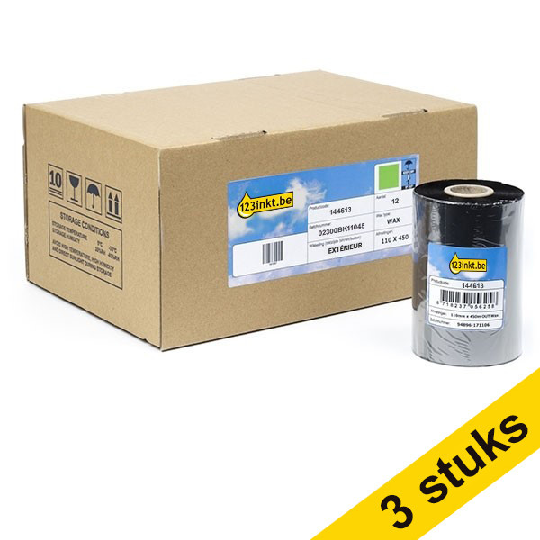 123inkt huismerk vervangt Aanbieding: 3x Zebra 2300 wax ribbon (02300BK11045) 110 mm x 450 m (12 ribbons) 02300BK11045C 650727 - 1