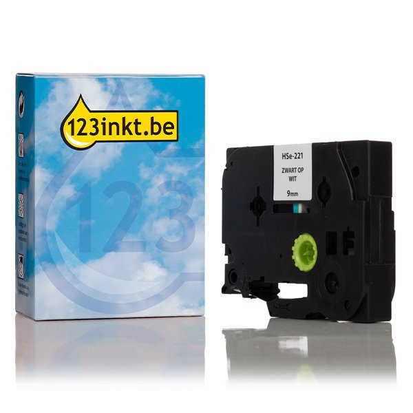 123inkt huismerk vervangt Brother HSe-221 krimpkous tape zwart op wit 9 mm HSe221C 088885 - 1