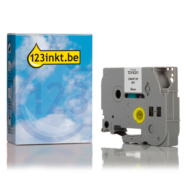 123inkt huismerk vervangt Brother TZe-FX211 Flexi ID tape zwart op wit 6 mm TZeFX211C 080813 - 1