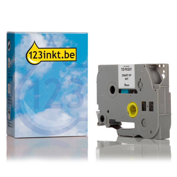 123inkt huismerk vervangt Brother TZe-FX221 Flexi ID tape zwart op wit 9 mm TZeFX221C 080815 - 1