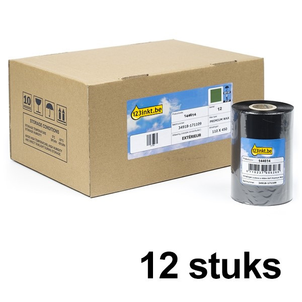 123inkt huismerk vervangt Zebra 2100 wax ribbon (02100BK11045) 110 mm x 450 m (12 ribbons) 02100BK11045C 144614 - 1