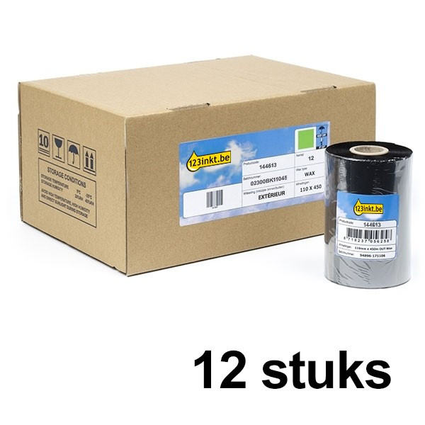 123inkt huismerk vervangt Zebra 2300 wax ribbon (02300BK11045) 110 mm x 450 m (12 ribbons) 02300BK11045C 144613 - 1
