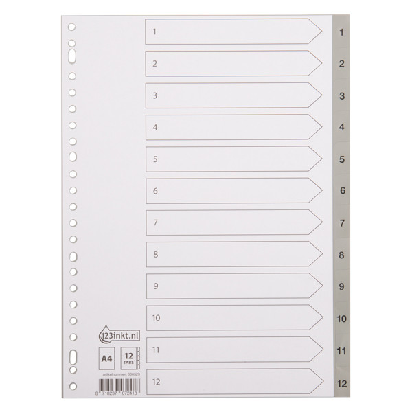 123inkt plastic tabbladen A4 grijs met 12 tabs 1-12 (23-gaats) 100106C 300529 - 1