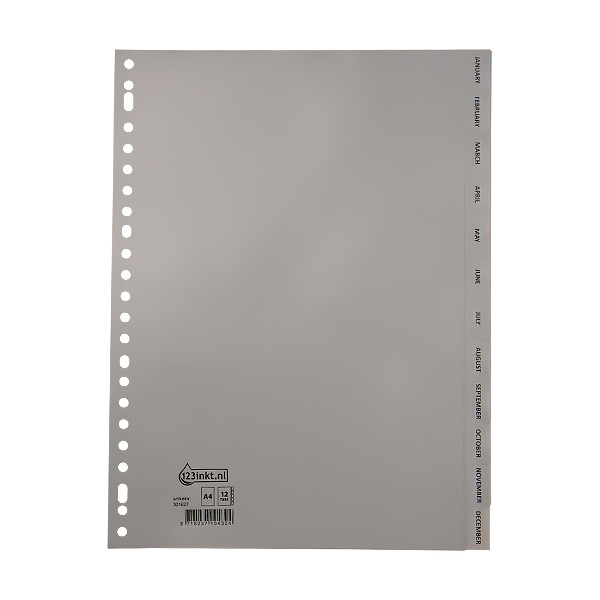 123inkt plastic tabbladen A4 grijs met 12 tabs maanden (23-gaats) G412JC 301627 - 1