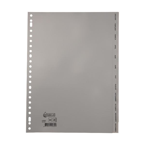 123inkt plastic tabbladen A4 grijs met 12 tabs maanden (23-gaats) G412JC G412JMC 301627 - 1