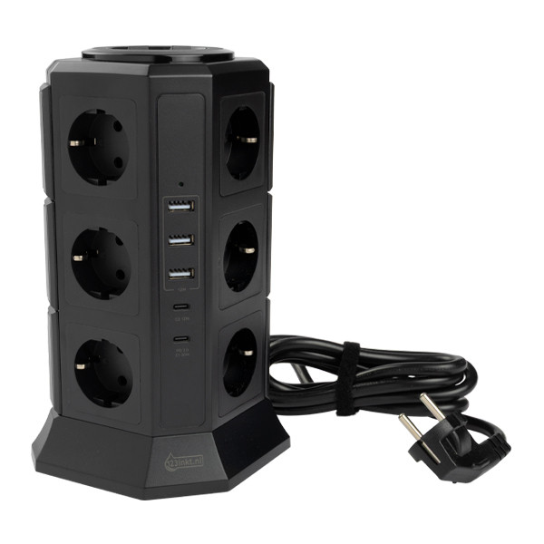 123inkt stekkerdoos toren met 12 stopcontacten en 5 USB zwart (2 meter) TP-VA5U12E-PD 390027 - 1