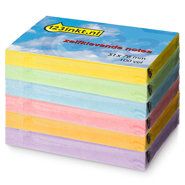 123inkt zelfklevende notes multipack 51 x 76 mm (geel/groen/blauw/roze/oranje/lila)  301116 - 1