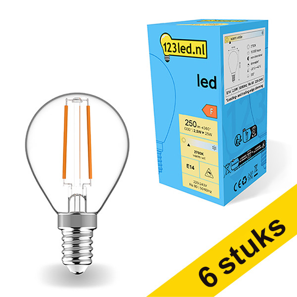 Aanbieding: 6x 123led E14 filament ledlamp kogel dimbaar 2700K 2.5W (25W) LDR01893 - 1