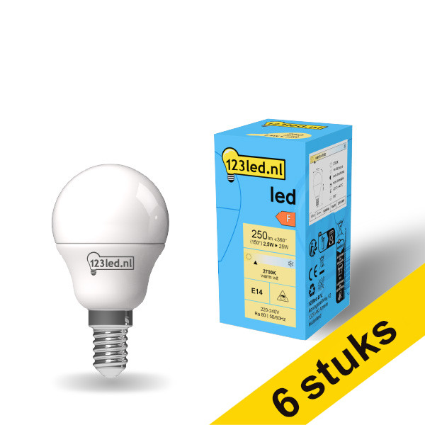 Aanbieding: 6x 123led E14 ledlamp kogel mat 2700K 2.5W (25W) LDR01897 - 1