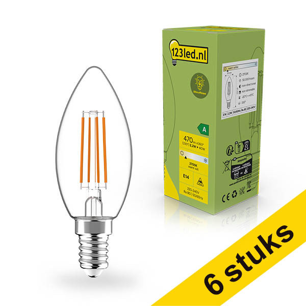 Aanbieding: 6x 123led ledlamp E14 | Kaars C35 | Ultra Efficient | Filament | Helder | 2700K | 2.2W (40W) LDR02393 - 1