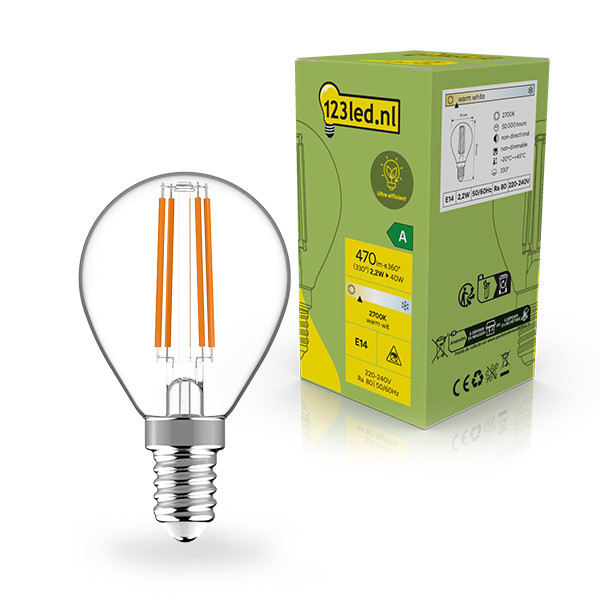 123led ledlamp E14 kogel G45 Ultra Efficient filament helder 2700K 2.2W (40W) LDR02394 - 1
