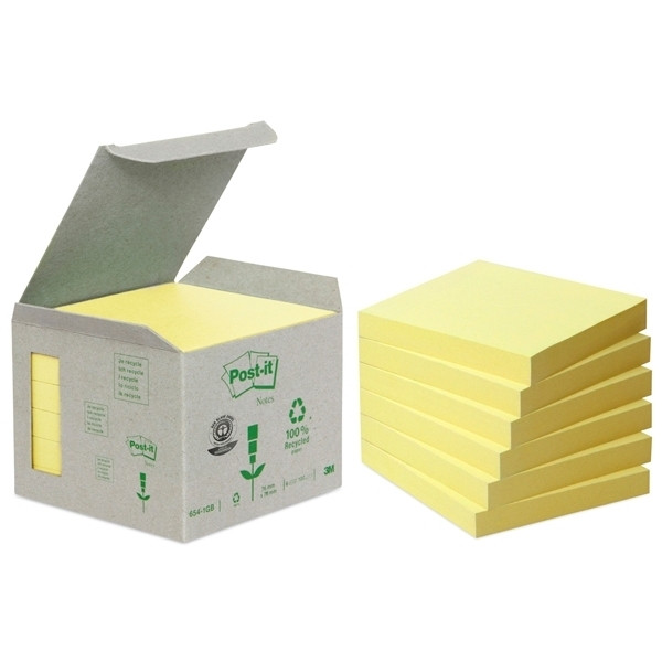 3M Post-it gerecycleerde mini notes toren geel 76 x 76 mm (6 pack) 654-1B 201388 - 1