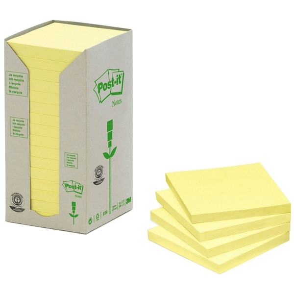 3M Post-it gerecycleerde notes toren geel 76 x 76 mm (16 pack) 654-1T 201390 - 1