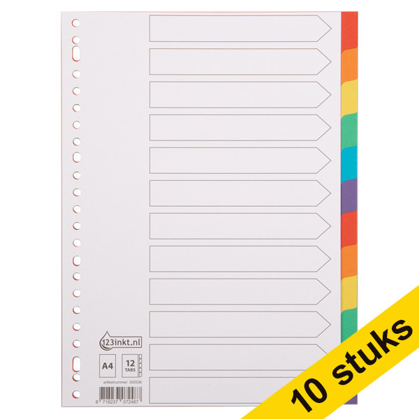 Aanbieding: 10x 123inkt kartonnen tabbladen A4 gekleurd met 12 tabs (23-gaats)  300579 - 1