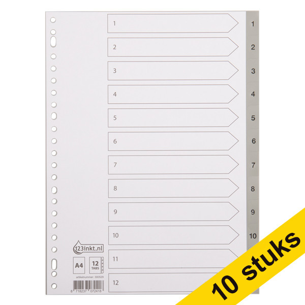 Aanbieding: 10x 123inkt plastic tabbladen A4 grijs met 12 tabs 1-12 (23-gaats)  300585 - 1