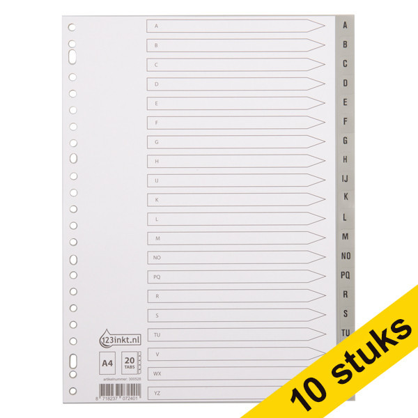 Aanbieding: 10x 123inkt plastic tabbladen A4 grijs met 20 tabs A-Z (23-gaats)  300587 - 1