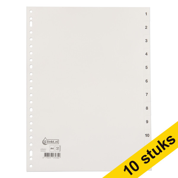 Aanbieding: 10x 123inkt plastic tabbladen A4 wit met 12 tabs 1-12 (23-gaats)  300584 - 1