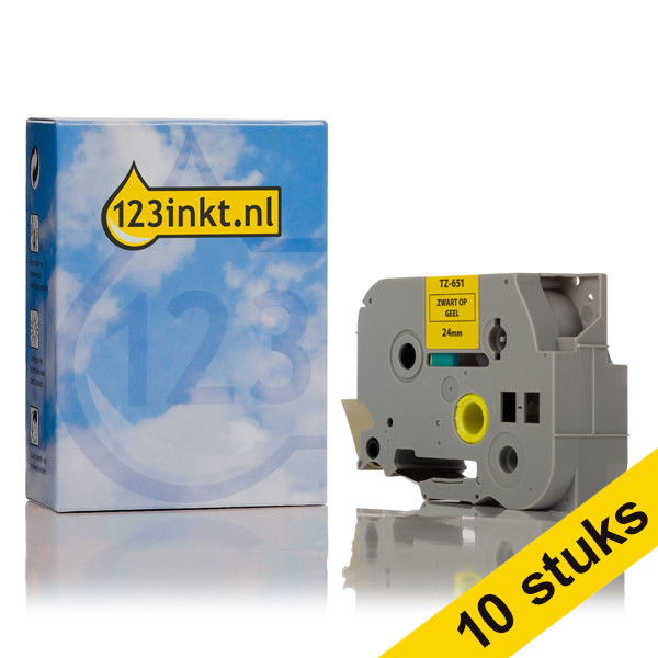 Aanbieding: 123inkt huismerk vervangt 10x Brother TZe-651 tape zwart op geel 24 mm  650544 - 1