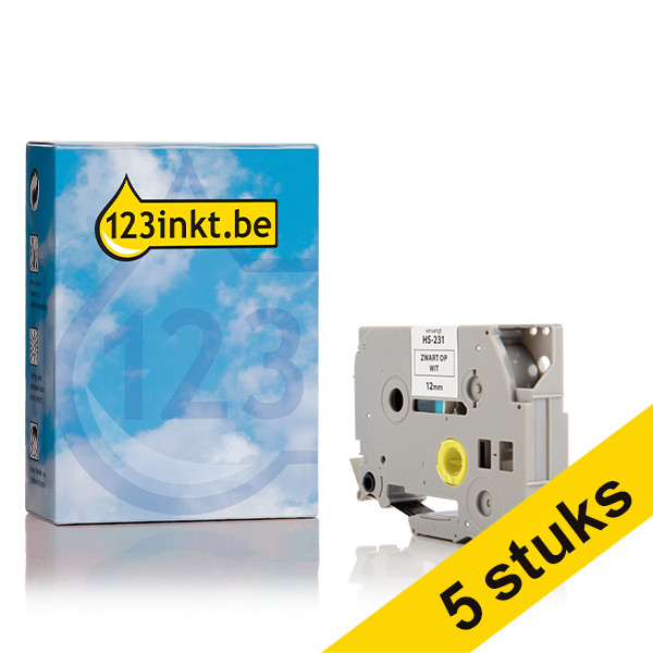 Aanbieding: 123inkt huismerk vervangt 5x Brother HSe-231 krimpkous tape zwart op wit 12 mm HSE231C 650639 - 1