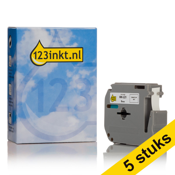 Aanbieding: 123inkt huismerk vervangt 5x Brother M-K221BZ niet-gelamineerde tape zwart op wit 9 mm MK221BZC 650538 - 1