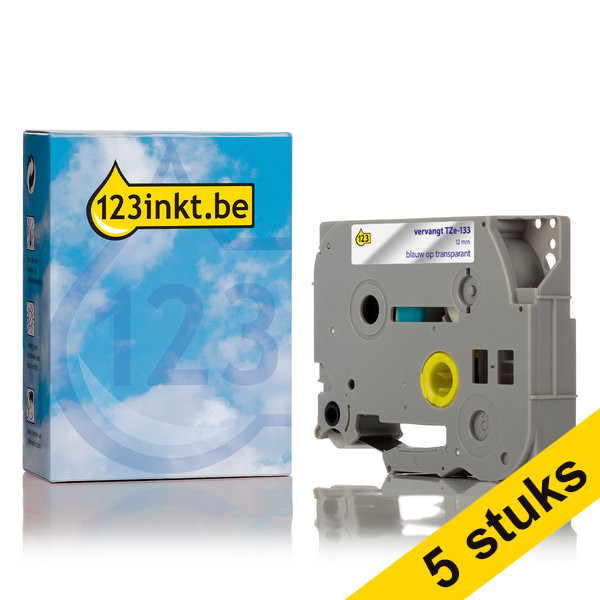 Aanbieding: 123inkt huismerk vervangt 5x Brother TZe-133 tape blauw op transparant 12 mm TZe133C 650708 - 1