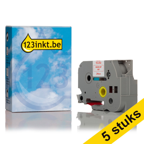 Aanbieding: 123inkt huismerk vervangt 5x Brother TZe-252 tape rood op wit 24 mm TZe252C 650663 - 1