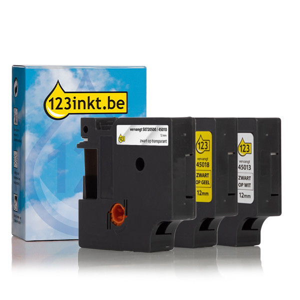 Aanbieding: 123inkt huismerk vervangt Dymo D1 12 mm tape multipack (zwart op wit, zwart op transparant en zwart op geel)  089225 - 1