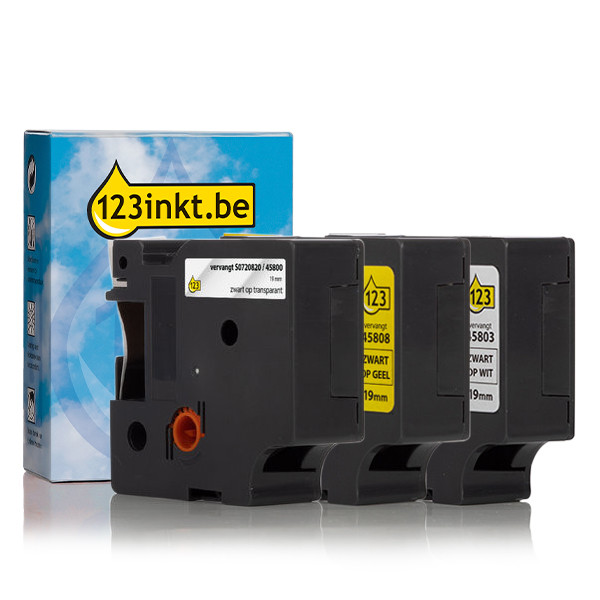 Aanbieding: 123inkt huismerk vervangt Dymo D1 19 mm tape multipack (zwart op wit, zwart op geel en zwart op transparant)  089226 - 1