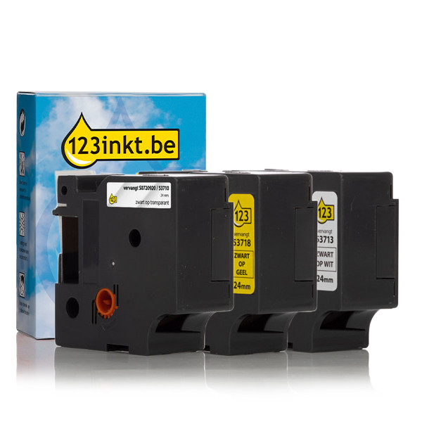 Aanbieding: 123inkt huismerk vervangt Dymo D1 24 mm tape multipack (zwart op wit, zwart op geel en zwart op transparant)  089227 - 1