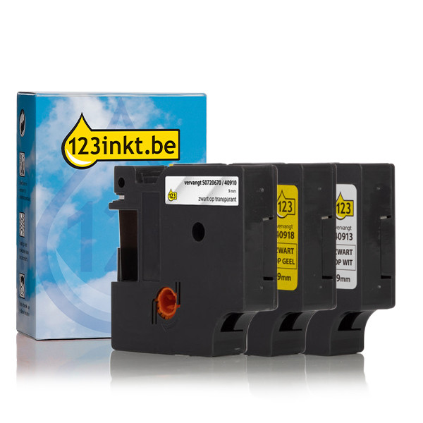 Aanbieding: 123inkt huismerk vervangt Dymo D1 9 mm tape multipack (zwart op wit, zwart op transparant en zwart op geel)  089229 - 1