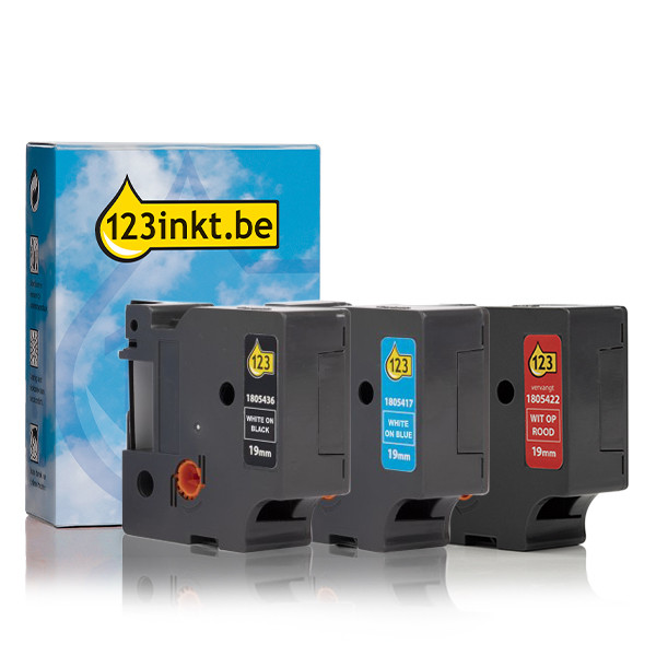 Aanbieding: 123inkt huismerk vervangt Dymo IND Rhino 19 mm tape vinyl multipack (wit op zwart, wit op rood en wit op blauw) 1805417C 1805422C 1805436C 089237 - 1