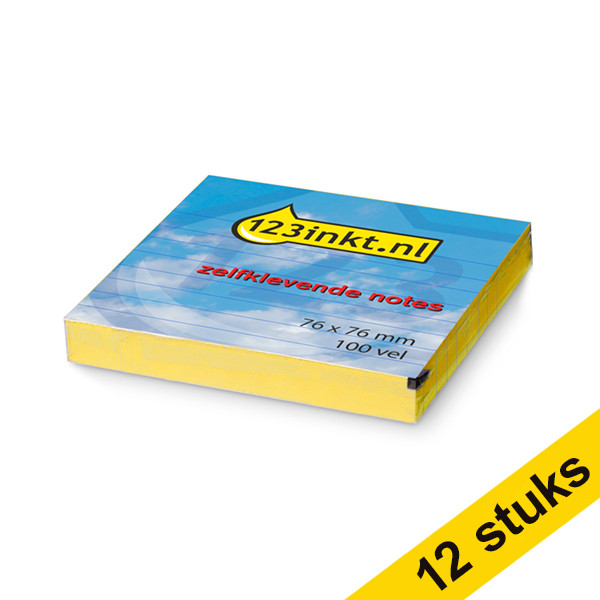 Aanbieding: 12x 123inkt zelfklevende notes gelijnd geel 76 x 76 mm  300481 - 1