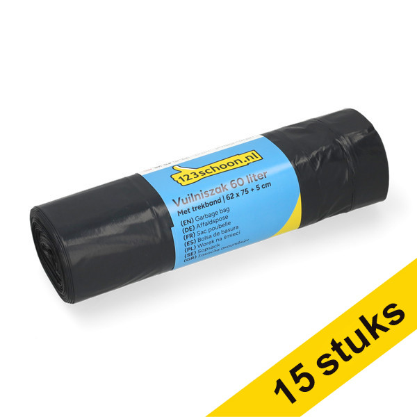 Aanbieding: 15x 123schoon vuilniszakken met trekband zwart 60 liter (15 stuks) SDR07372 - 1