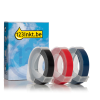 Aanbieding: 2x 123inkt huismerk vervangt Dymo 9 mm reliëftape multipack (wit op zwart, wit op rood en wit op blauw)