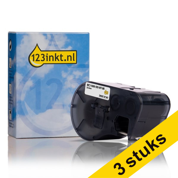 Aanbieding: 3x 123inkt huismerk vervangt Brady MC1-1000-595-WT-BK tape vinyl zwart op wit 25,4 mm x 7,62 m MC1-1000-595-WT-BKC 650800 - 1