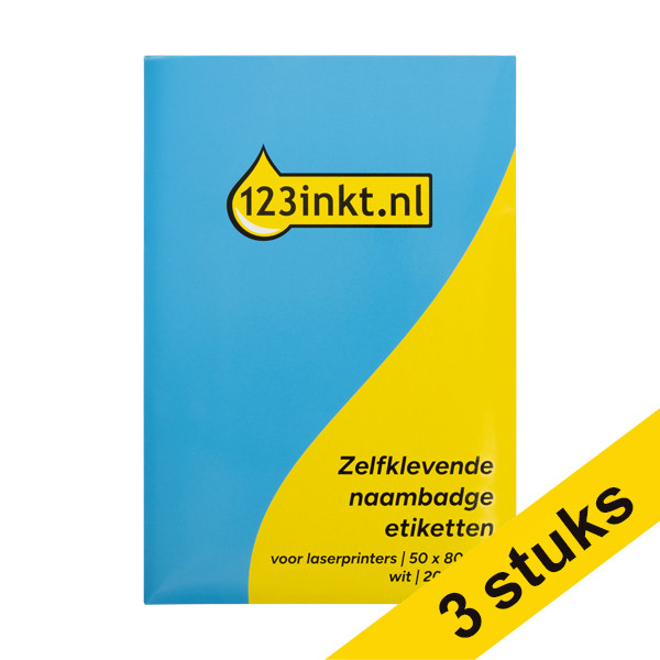 Aanbieding: 3x 123inkt zelfklevende naambadge-etiketten voor laserprinters 50 x 80 mm wit (200 naambadges)  302326 - 1
