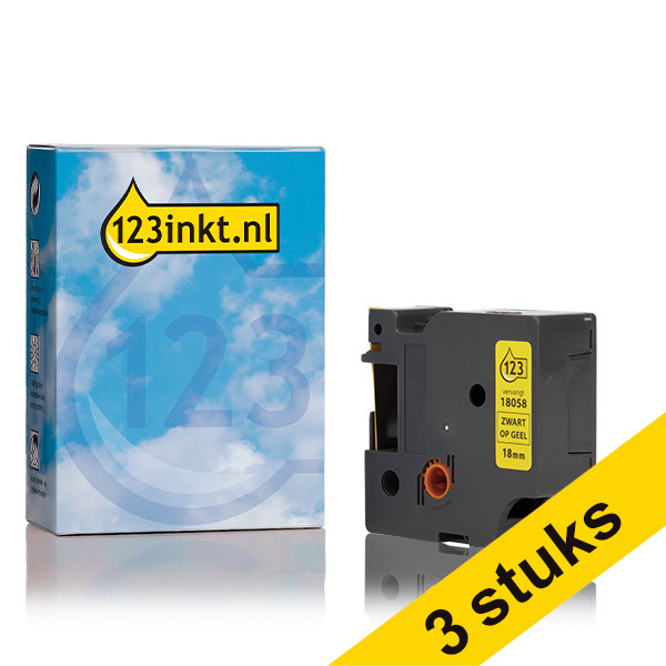 Aanbieding: 3x Dymo S0718340 / 18058 IND Rhino tape krimpkous zwart op geel 18 mm (123inkt huismerk) 18058C 089250 - 1