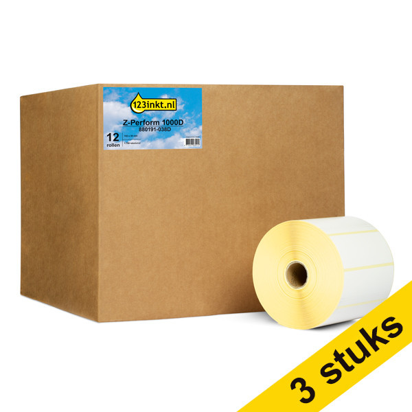 Aanbieding: 3x Zebra Z-Perform 1000D label (880191-038D) 102 x 38 mm (12 rollen) 123inkt huismerk 880191-038DC 650715 - 1