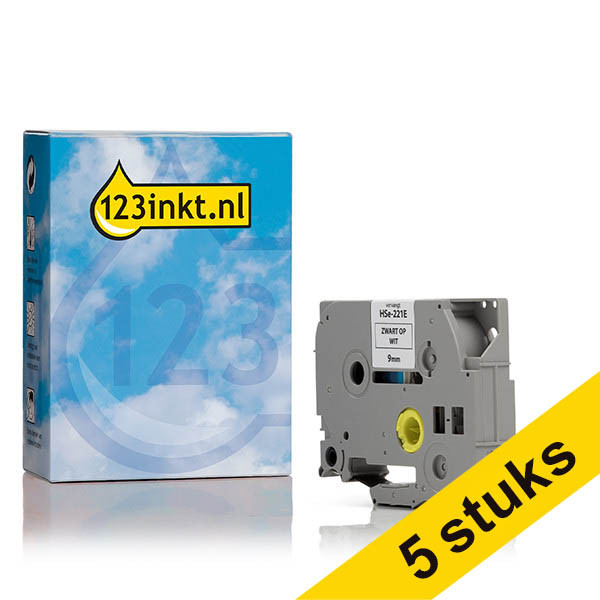 Aanbieding: 5x 123inkt huismerk vervangt Brother HSe-221 krimpkous tape zwart op wit 9 mm 653072 - 1