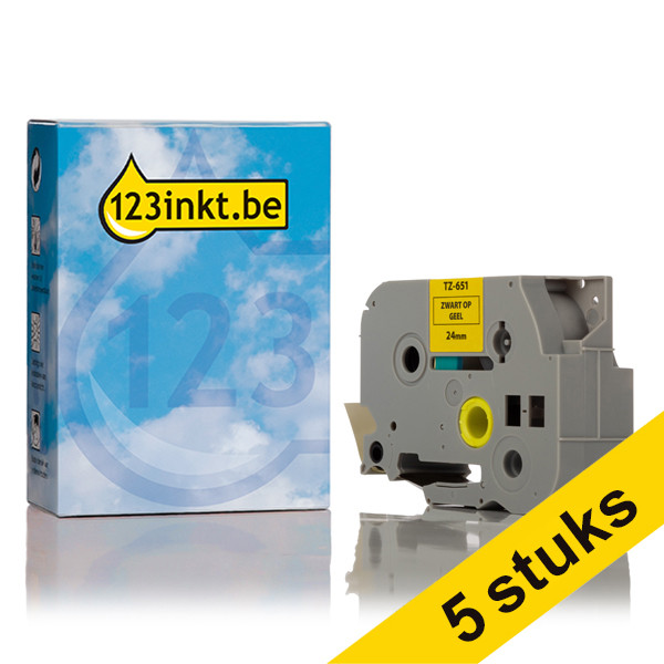 Aanbieding: 5x 123inkt huismerk vervangt Brother TZe-651 tape zwart op geel 24 mm TZe651C 650789 - 1