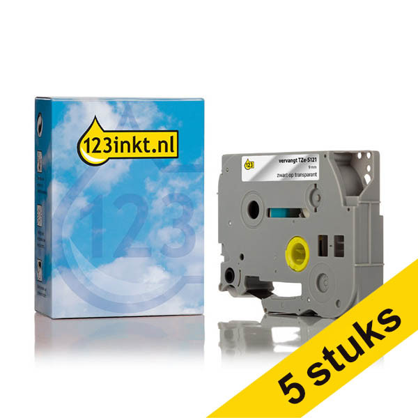 Aanbieding: 5x 123inkt huismerk vervangt Brother TZe-S121 extra klevend tape zwart op transparant 9 mm 650848 - 1