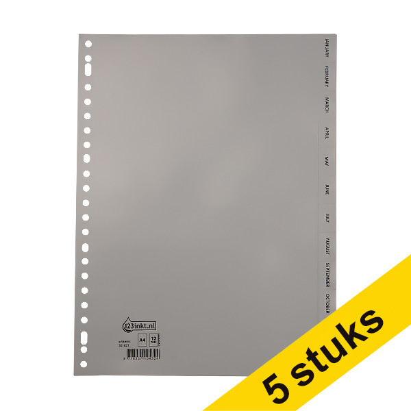 Aanbieding: 5x 123inkt plastic tabbladen A4 grijs met 12 tabs maanden (23-gaats)  301718 - 1