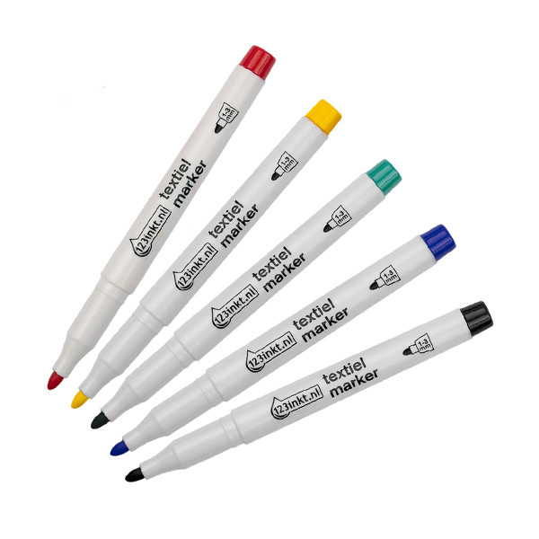 Aanbieding: 5x 123inkt textielmarker (zwart/blauw/rood/groen/geel) 302722 - 1