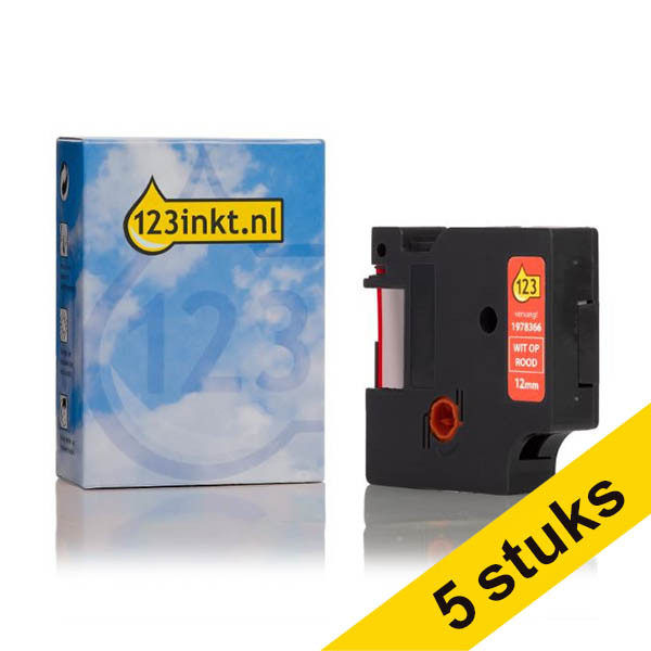 Aanbieding: 5x Dymo 1978366 tape wit op rood 12 mm (123inkt huismerk) 650871 - 1