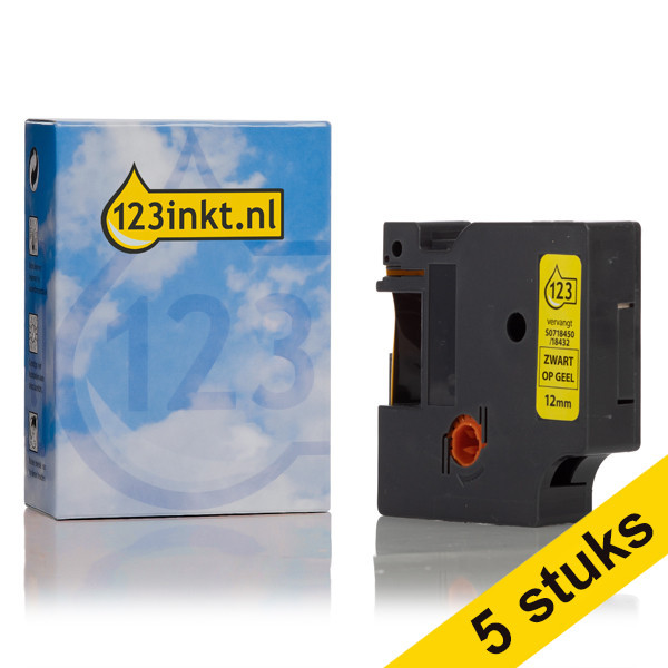 Aanbieding: 5x Dymo S0718450 / 18432 IND Rhino tape vinyl zwart op geel 12 mm (123inkt huismerk) S0718450C 650584 - 1