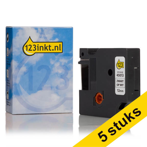 Aanbieding: 5x Dymo S0720530 / 45013 tape zwart op wit 12 mm (123inkt huismerk) 653094 - 1