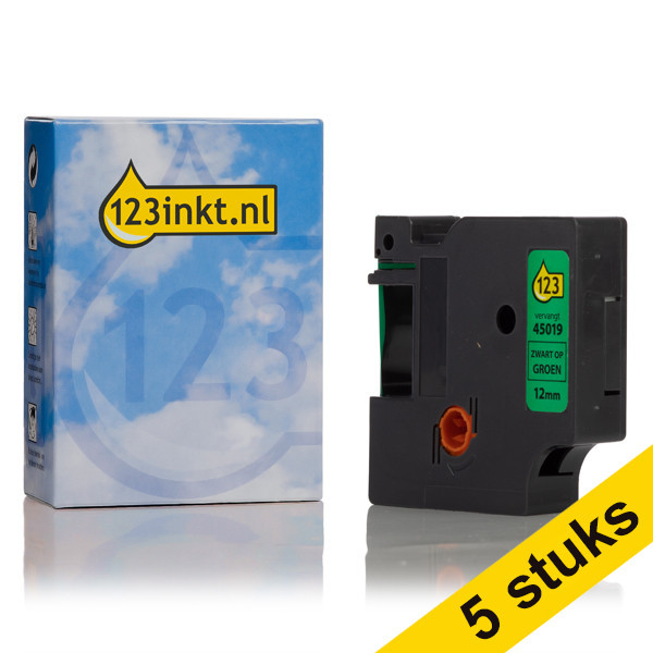 Aanbieding: 5x Dymo S0720590 / 45019 tape zwart op groen 12 mm (123inkt huismerk) S0720590C 650594 - 1